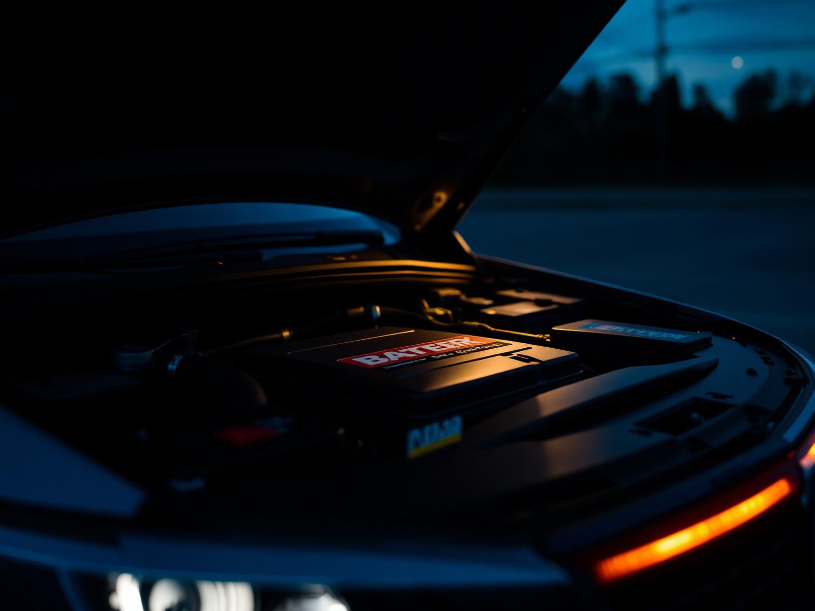 Engine bay at dusk with the battery visible under an open hood