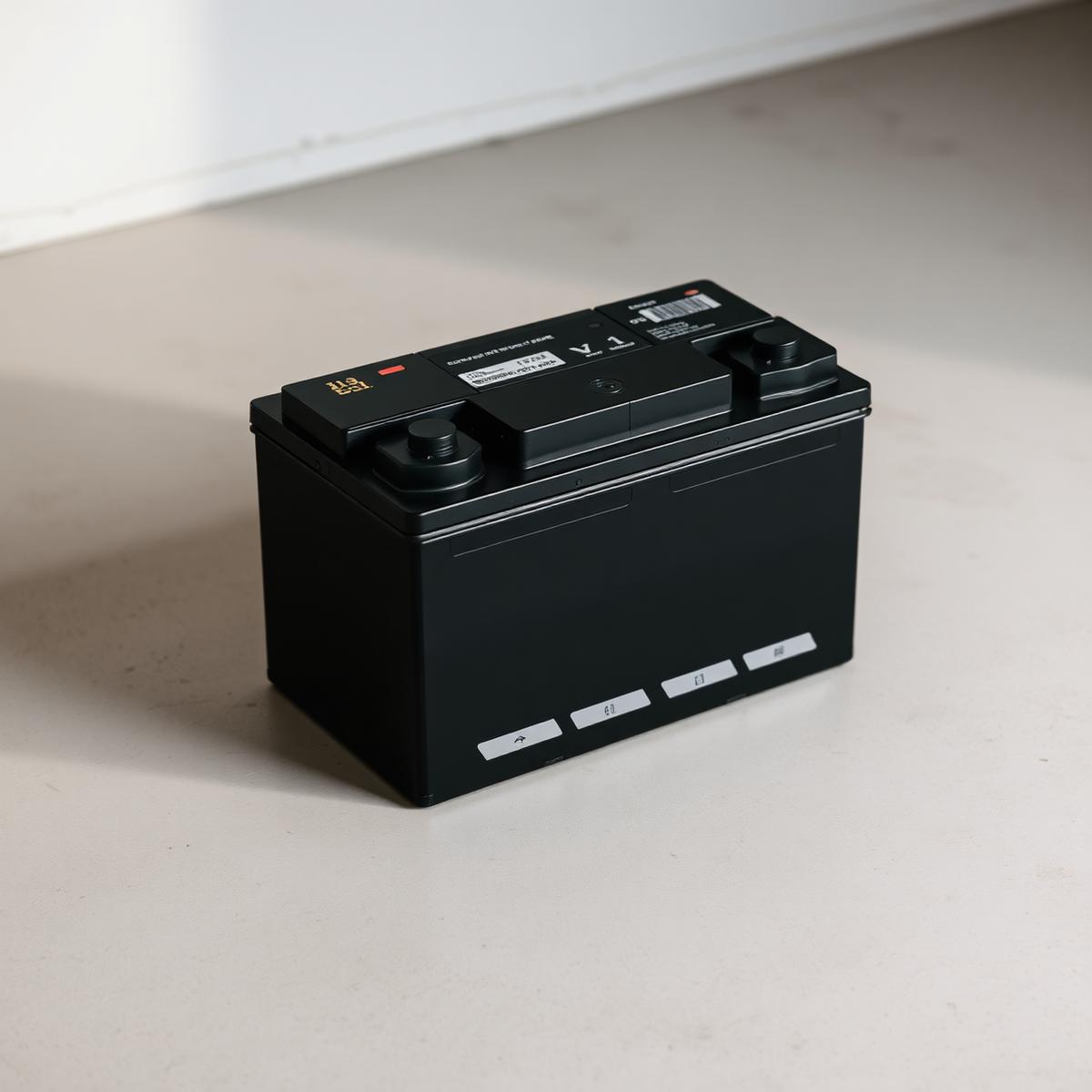 A car battery photographed on a pale concrete surface